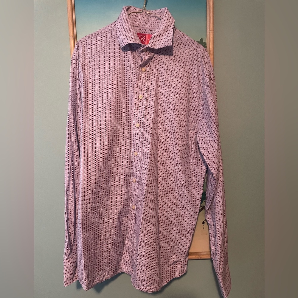 Rufus men's long sleeve purple cotton dress shirt with a patterned design.